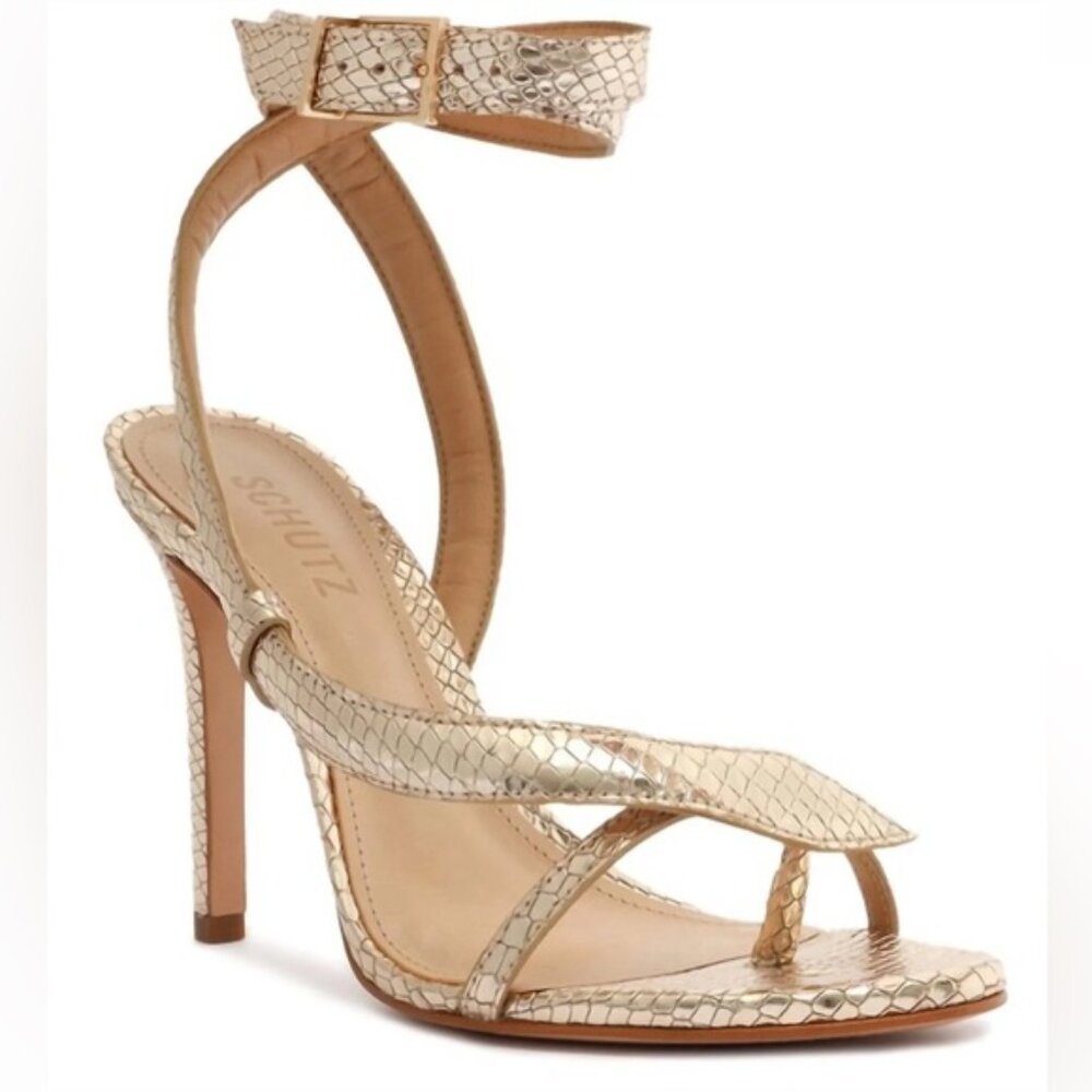 Schutz Metallic Gold Snake-Embossed Ankle-Strap Stiletto Sandals